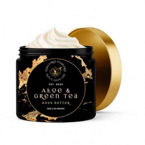 Aloe & Green Tea body butter jar with gold lid on a white background