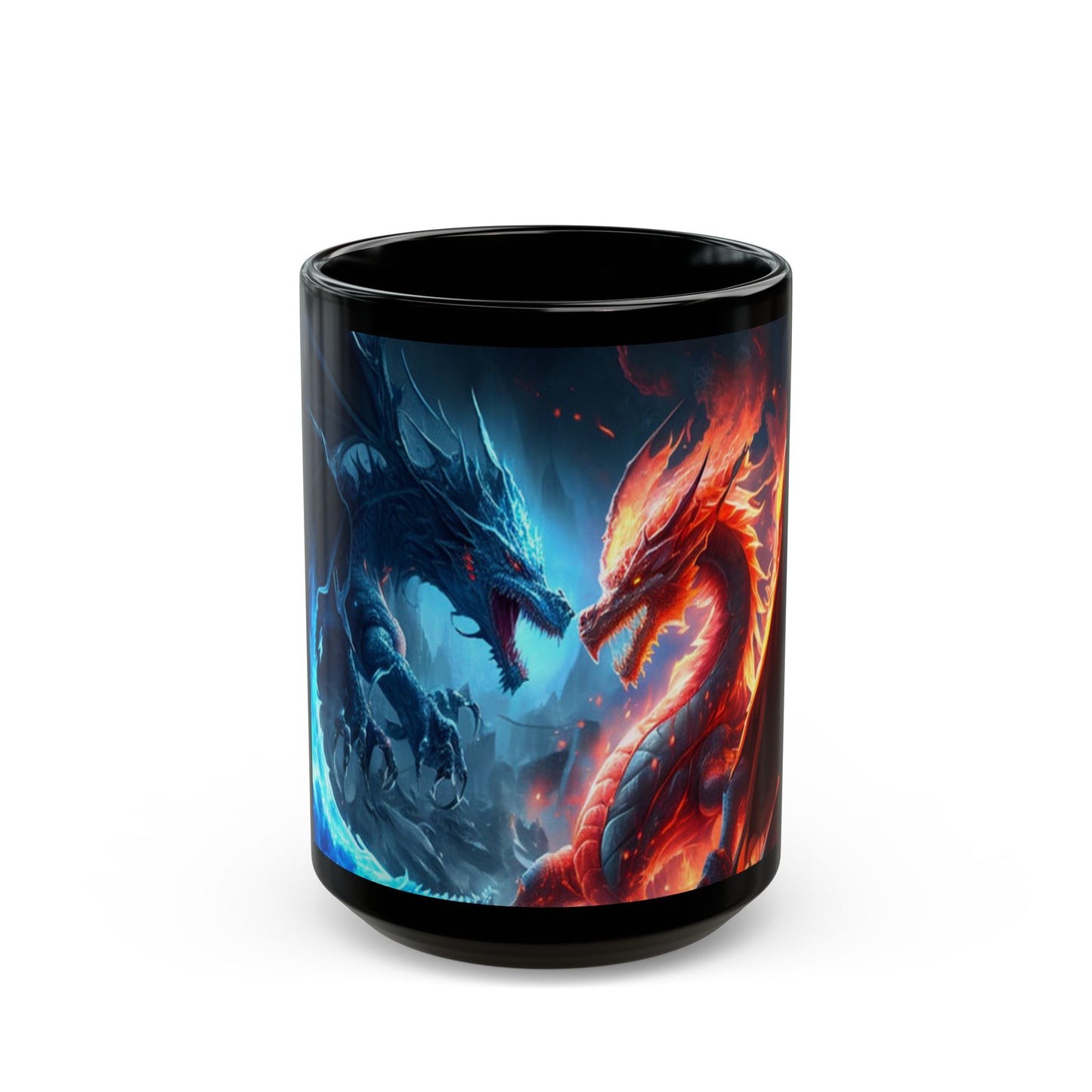 Black mug with blue and red dragon design on a white background