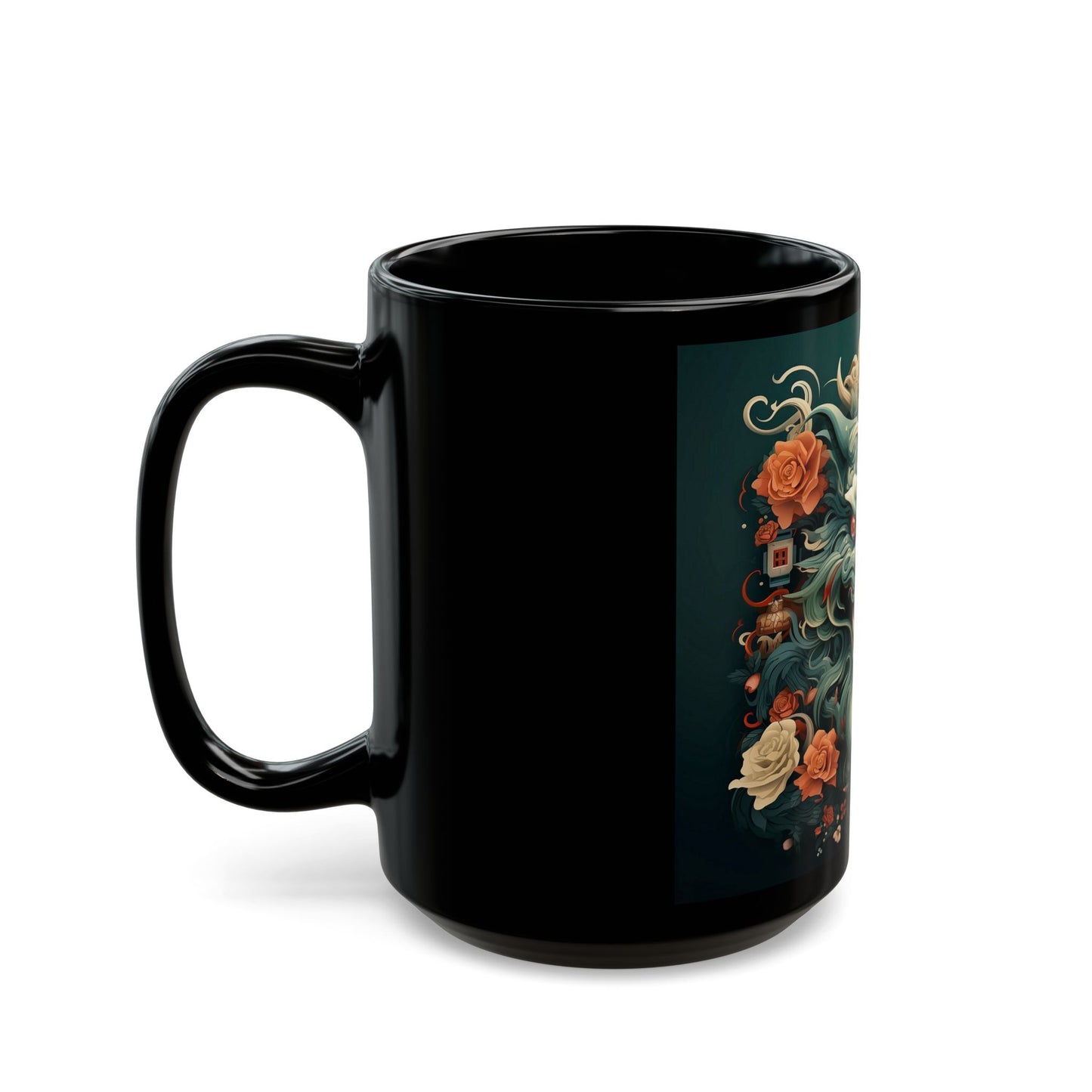 Black mug with floral design on a white background