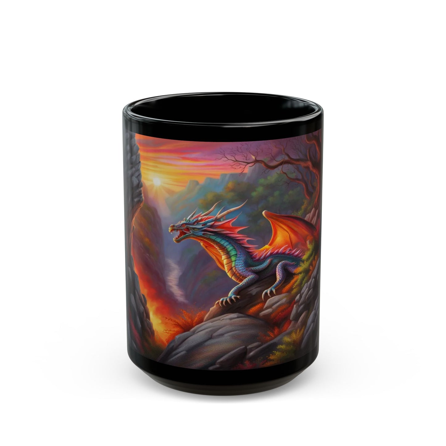Black mug with a colorful dragon design on a white background