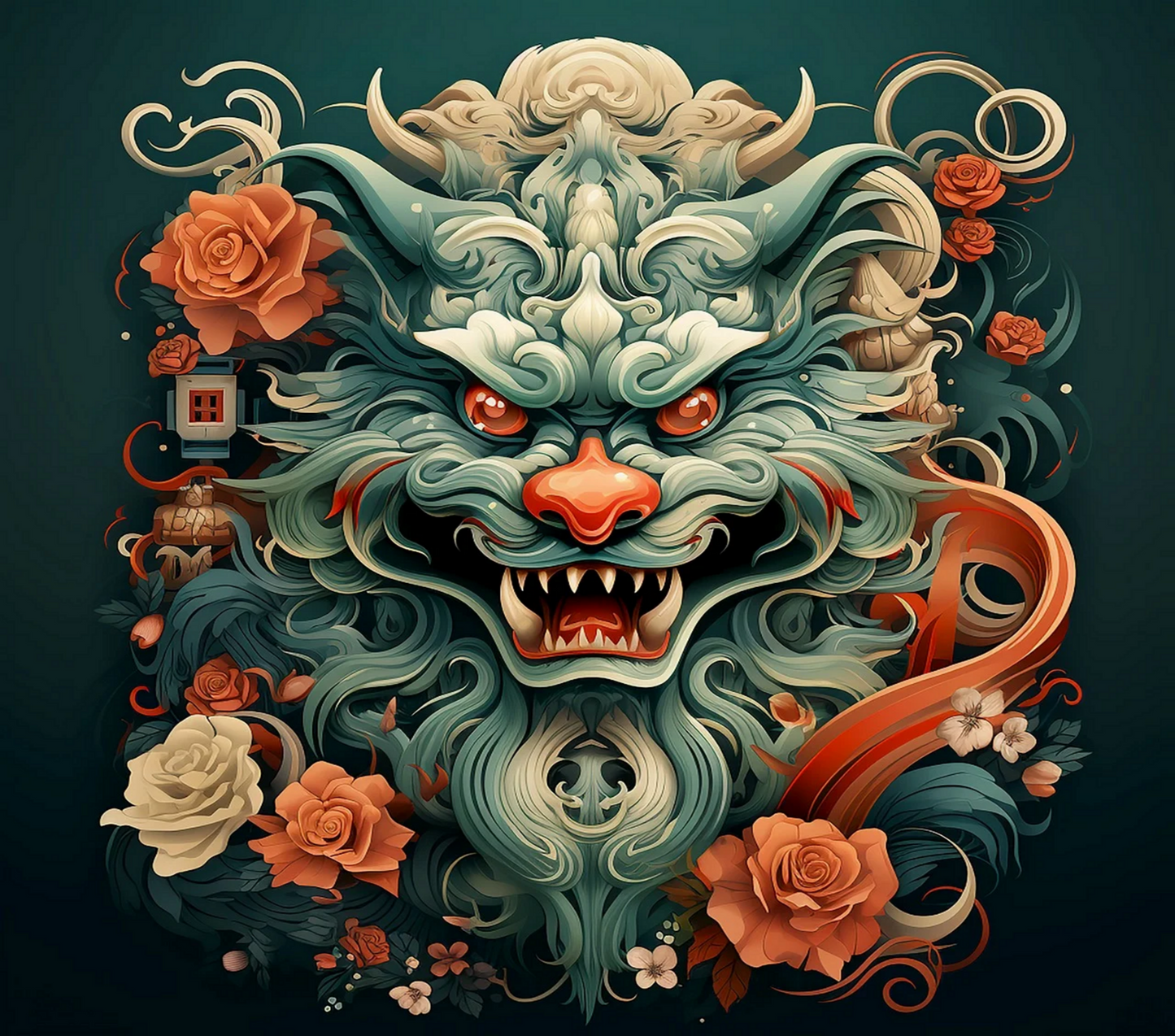 Decorative illustration of a dragon's head with floral elements on a dark background