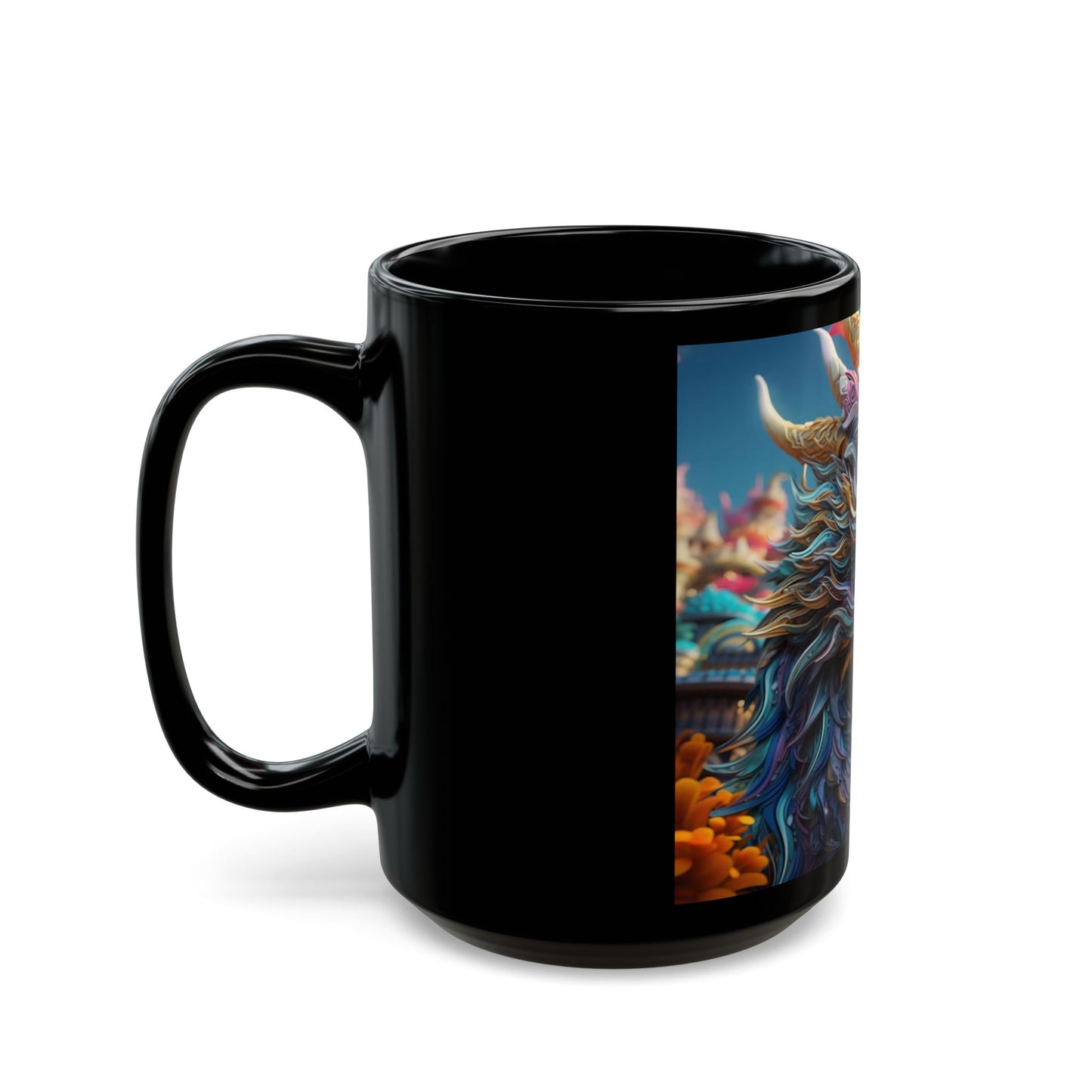Black mug with a colorful dragon design on a white background