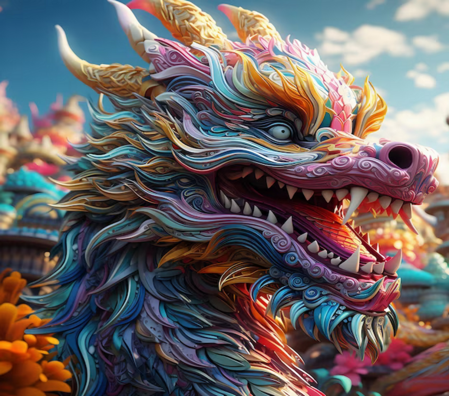 Colorful dragon sculpture against a bright blue sky with fluffy clouds