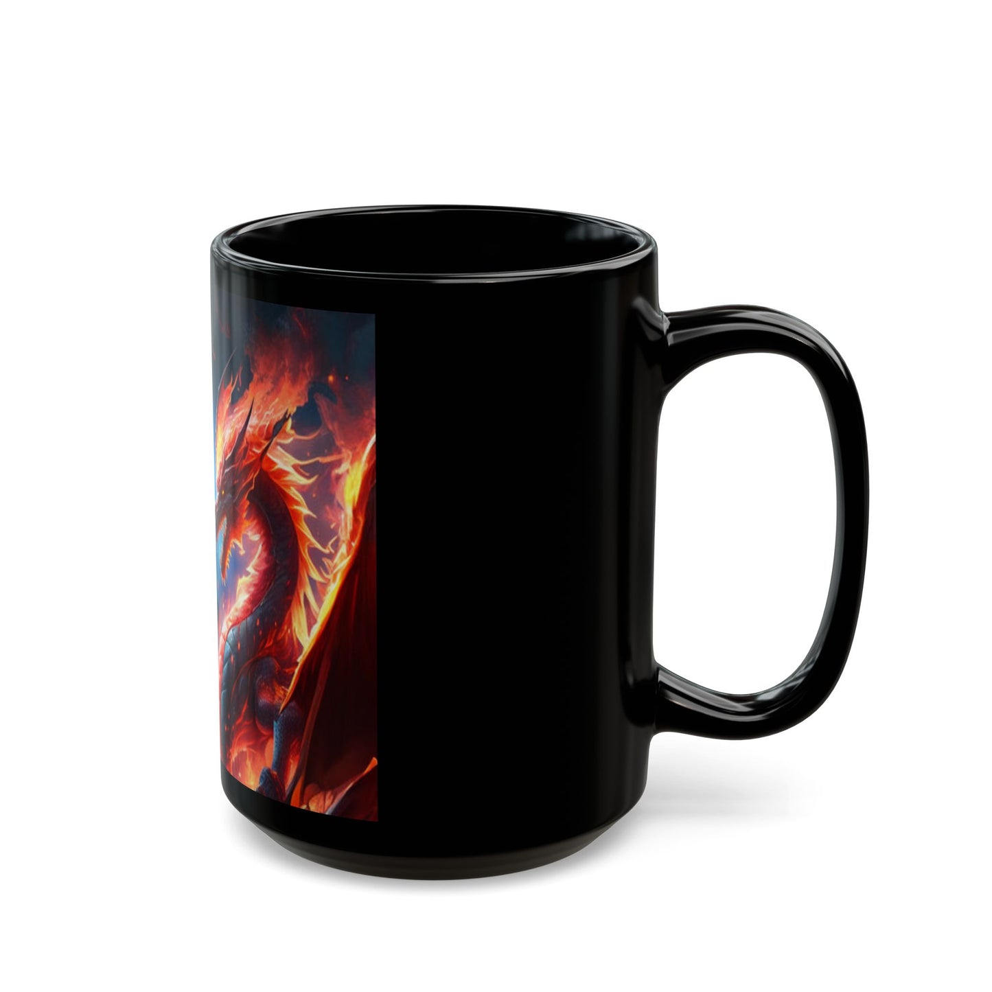 Black mug with a colorful dragon design on a white background