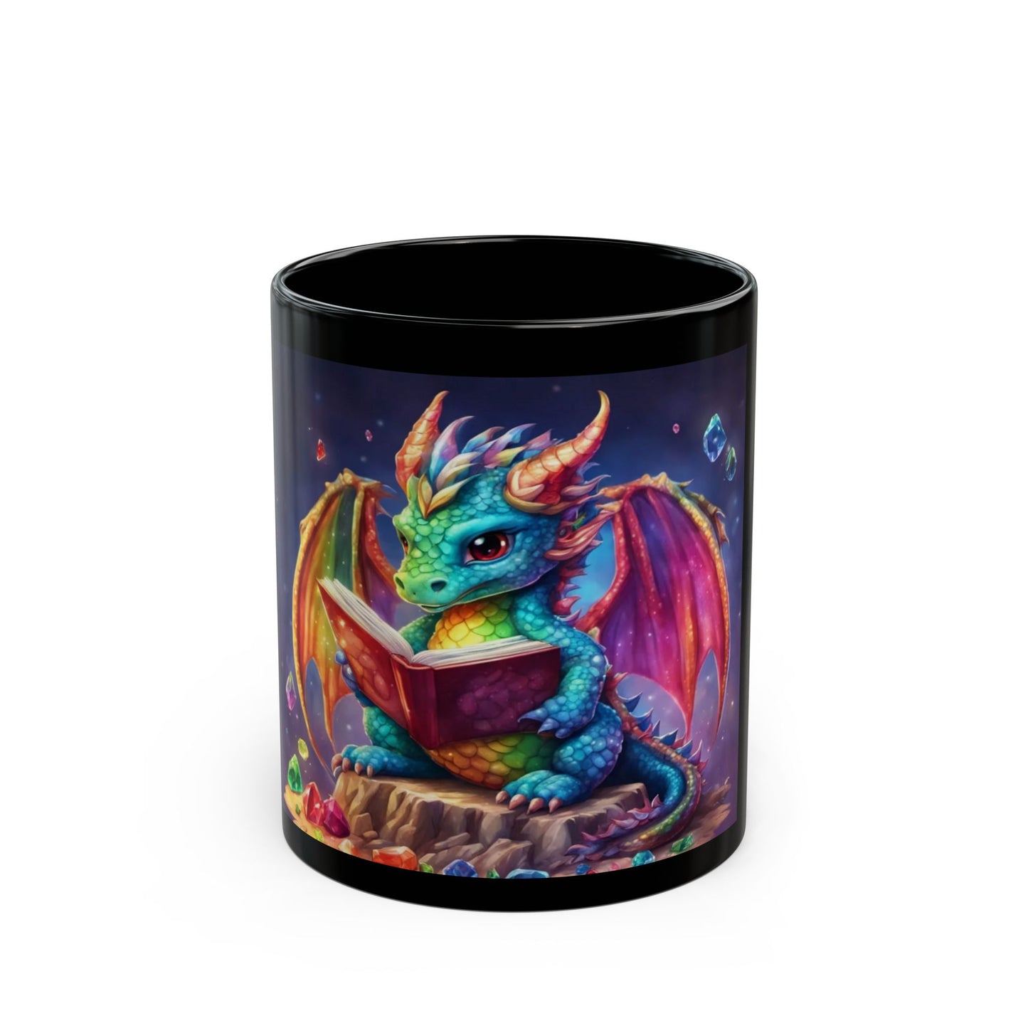 Black mug with a colorful dragon design reading a book on a white background