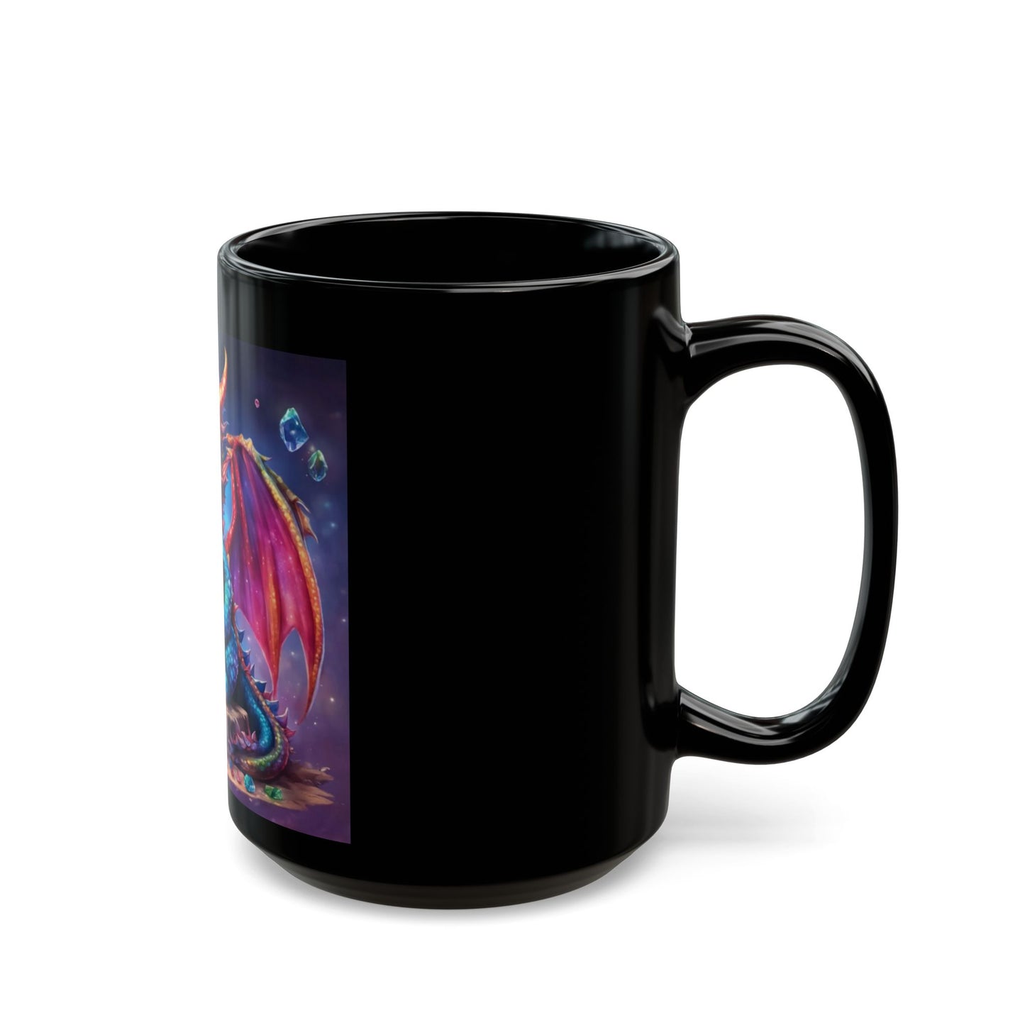 Black mug with a colorful dragon design on a white background