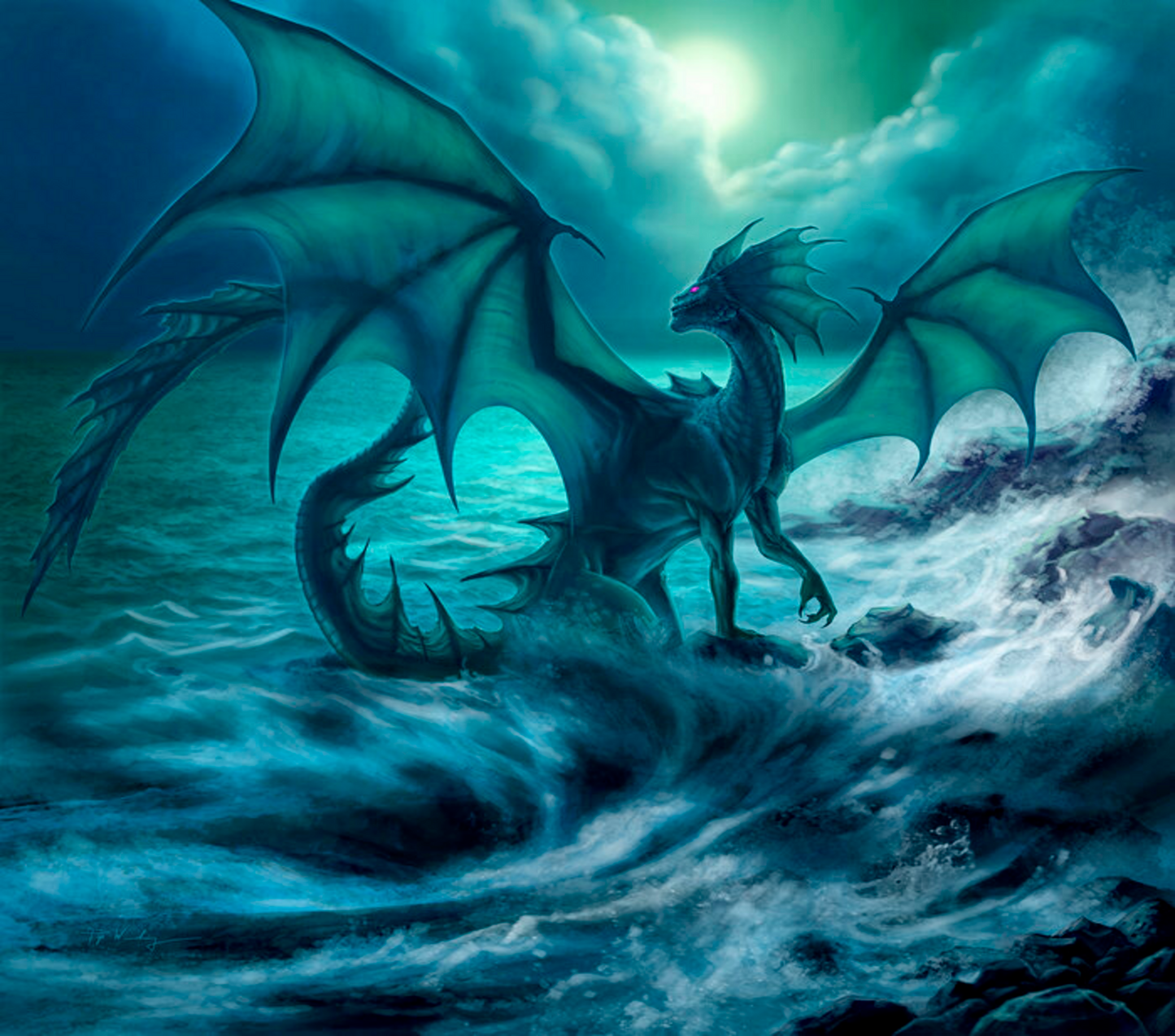 Green dragon emerging from water with a stormy sky in the background