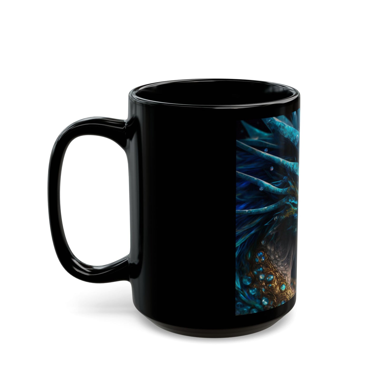Black mug with a blue and green abstract design on a white background