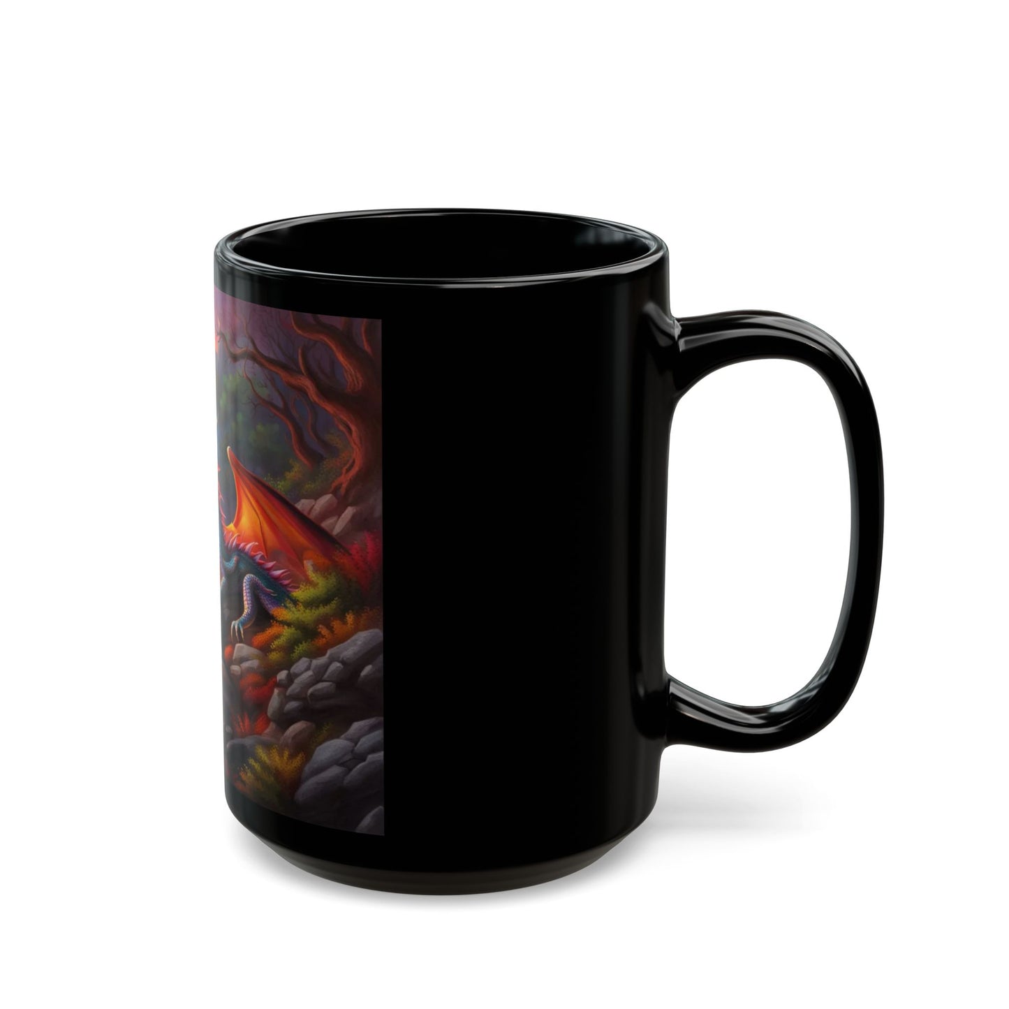 Black mug with a colorful dragon design on a white background