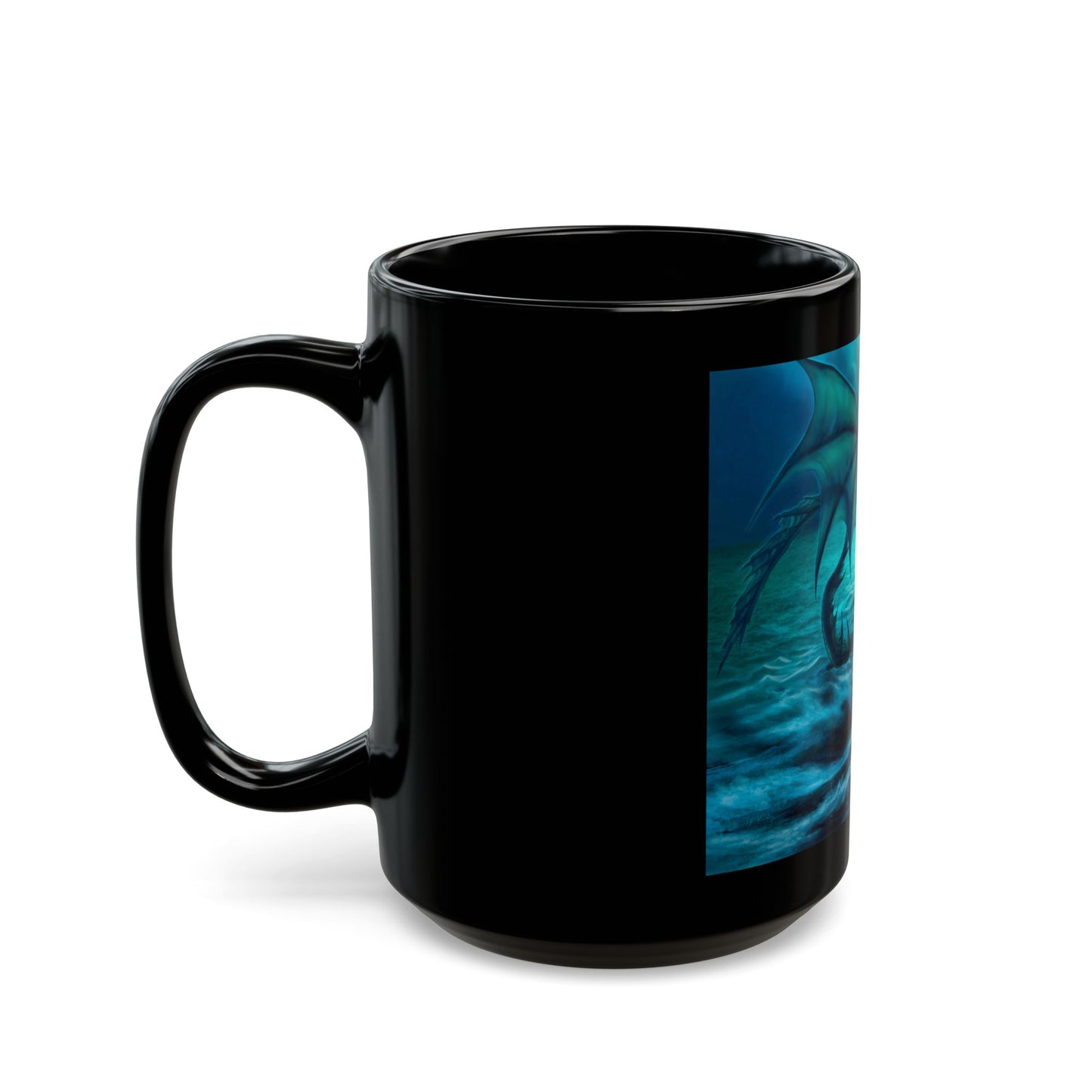 Black mug with a blue abstract design on a white background