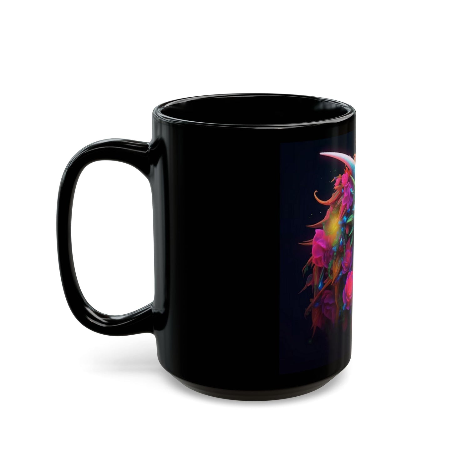 Black mug with a colorful dragon design on a white background