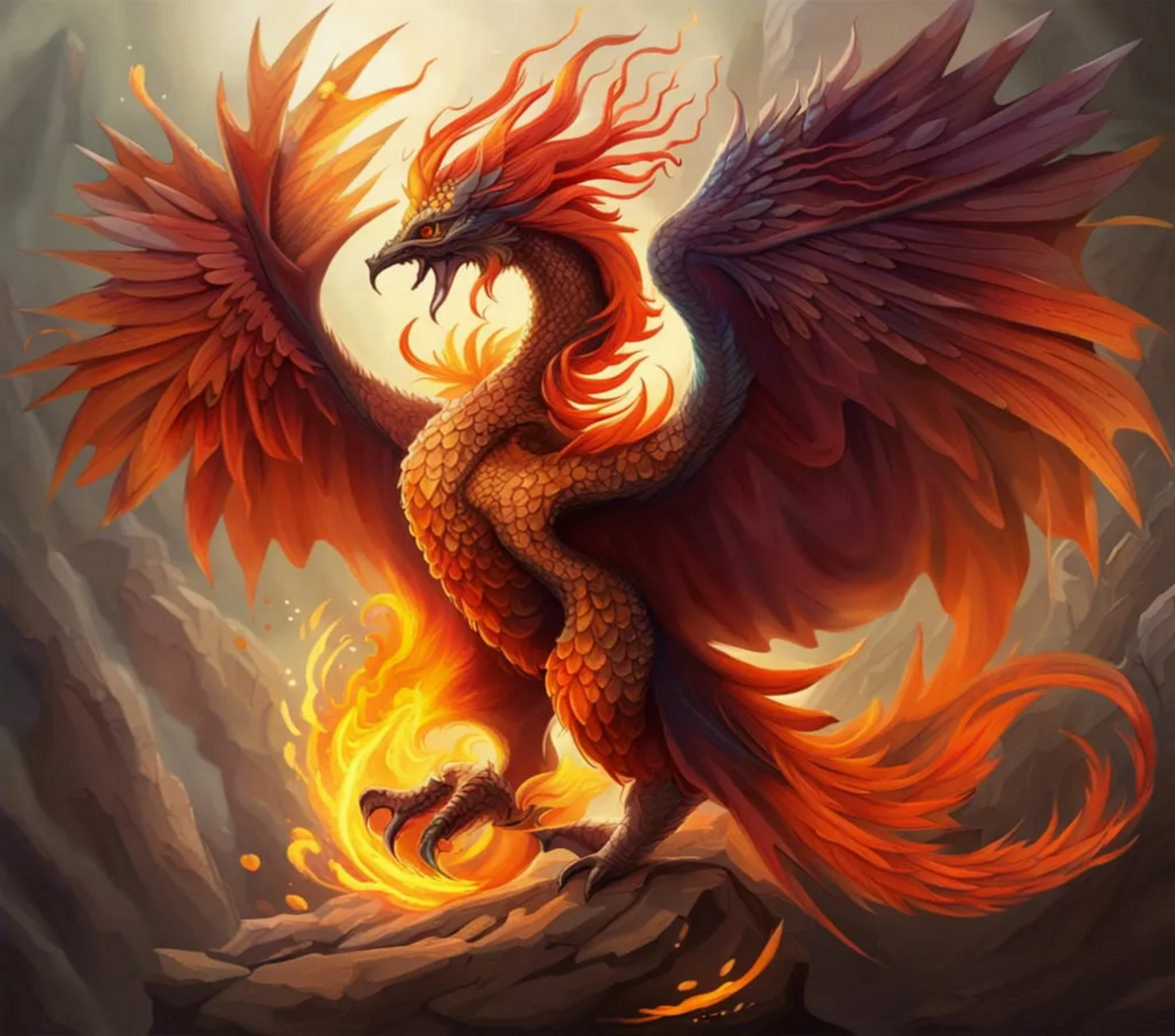 Colorful dragon with fiery elements on a rocky background