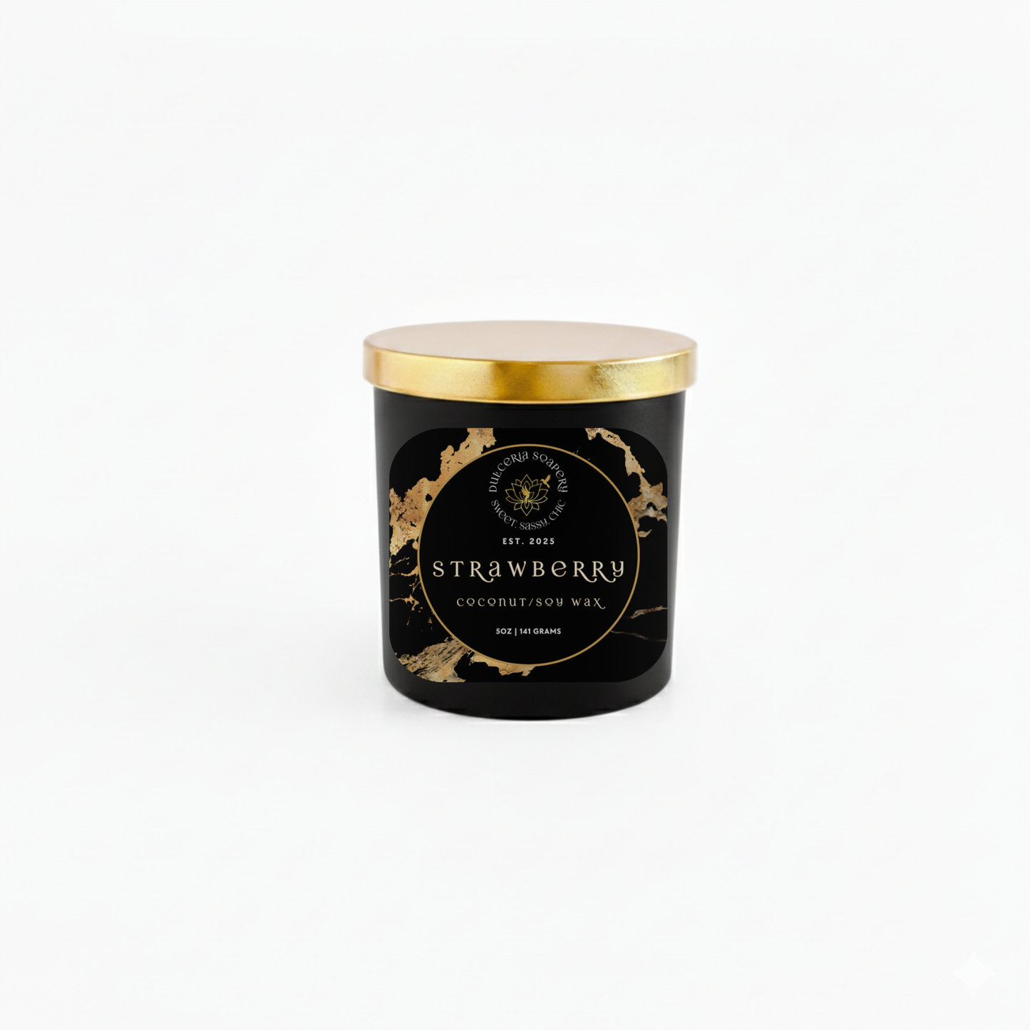 Black candle with gold lid and decorative label on a white background