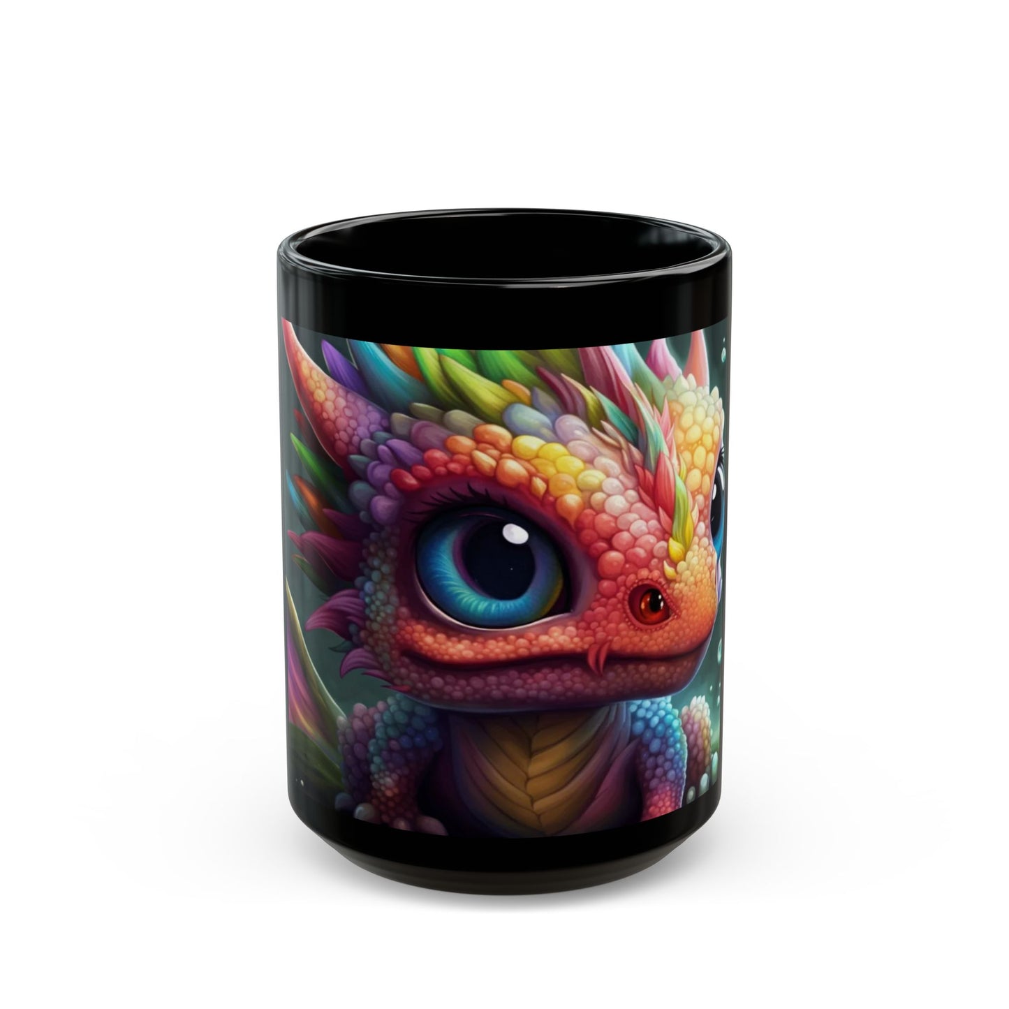 Black mug with a colorful dragon design on a white background