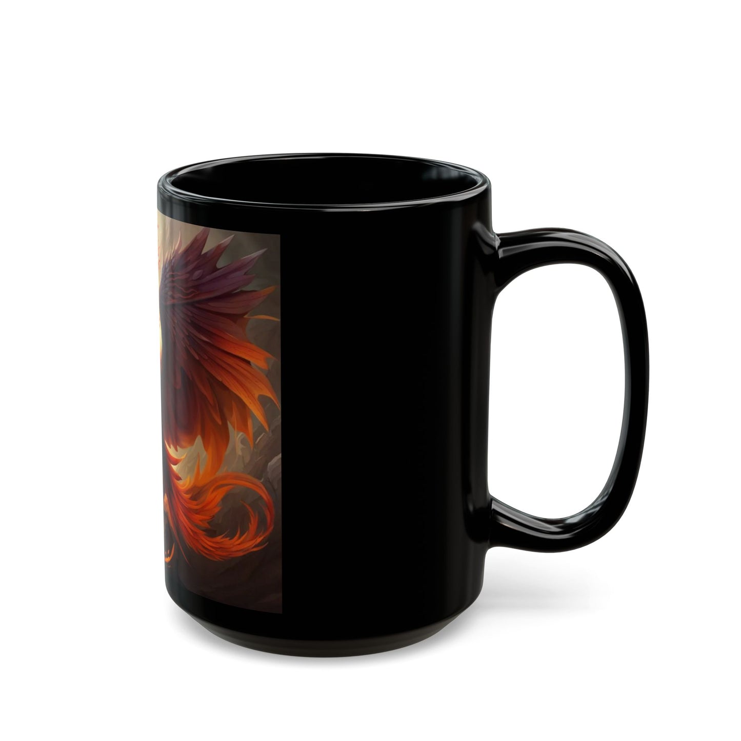 Black mug with a colorful phoenix design on a white background