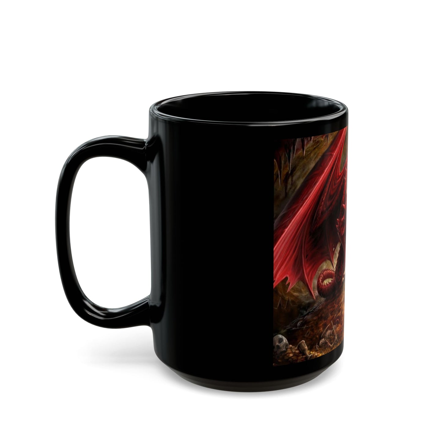 Black mug with a dragon design on a white background