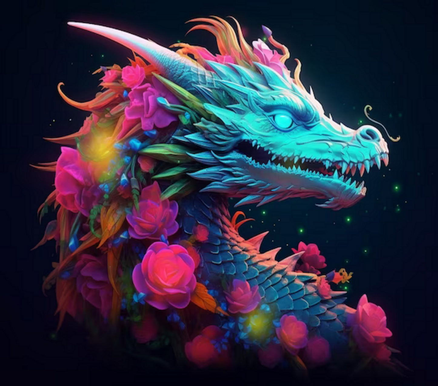 Colorful dragon head with flowers on a dark background