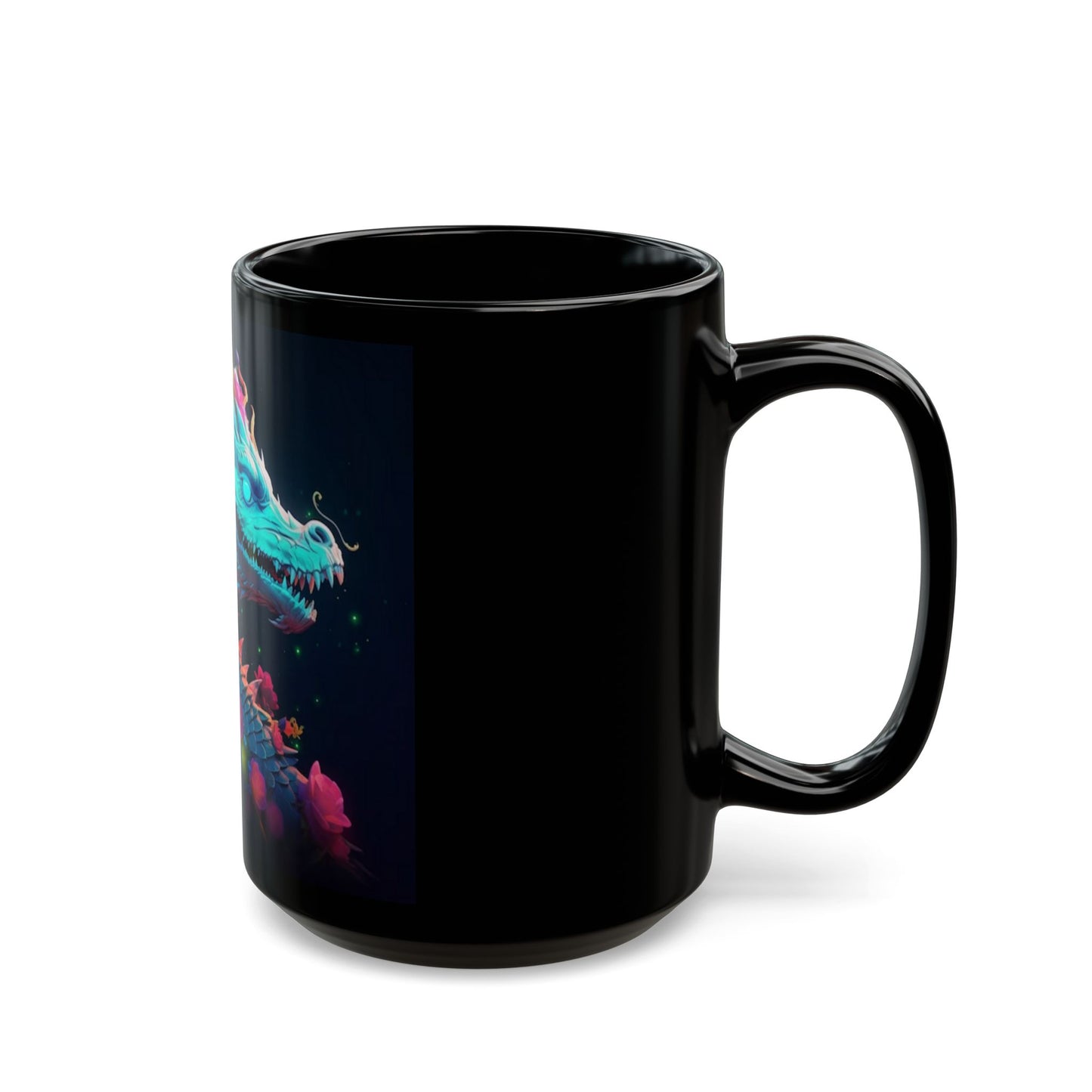 Black mug with colorful dragon design on a white background
