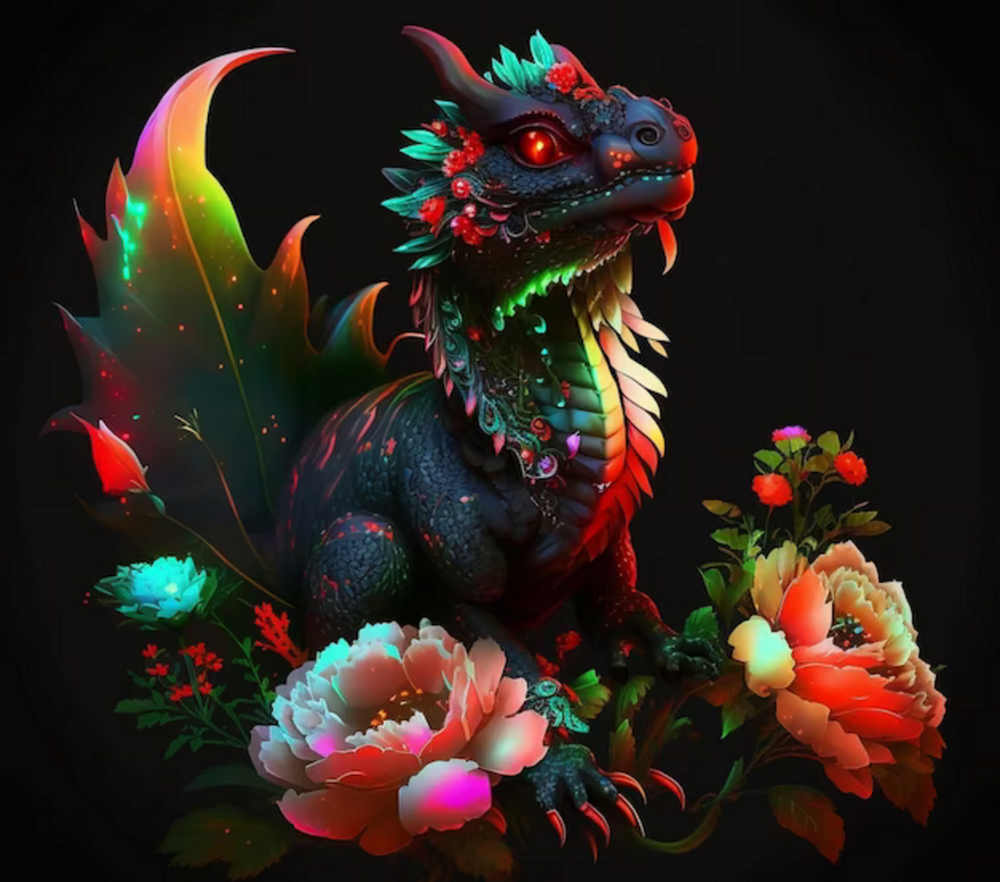 Colorful dragon design with black background.
