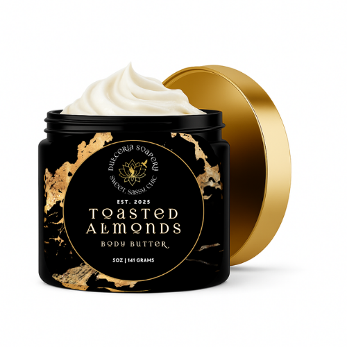 Jar of toasted almonds body butter with gold lid on a white background