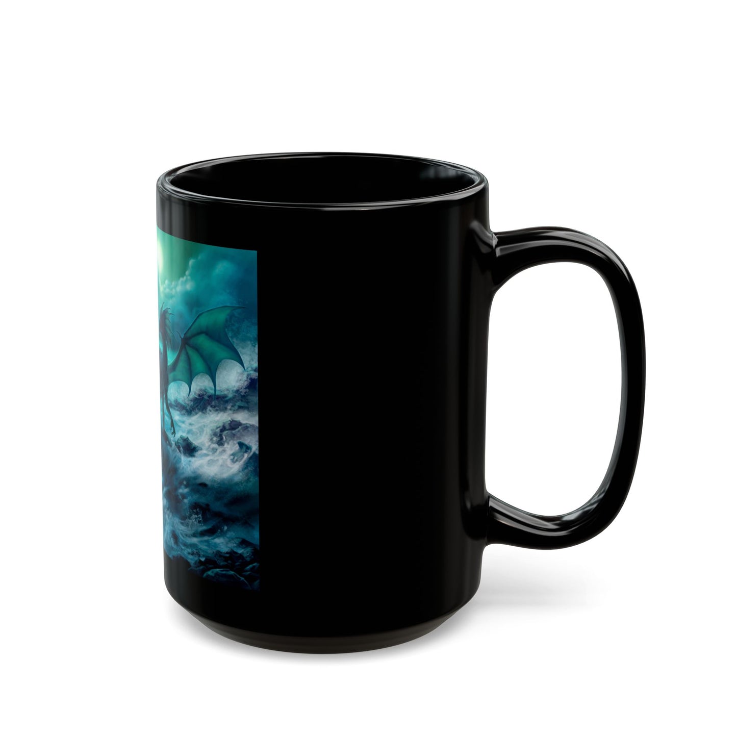 Black mug with a colorful dragon design on a white background