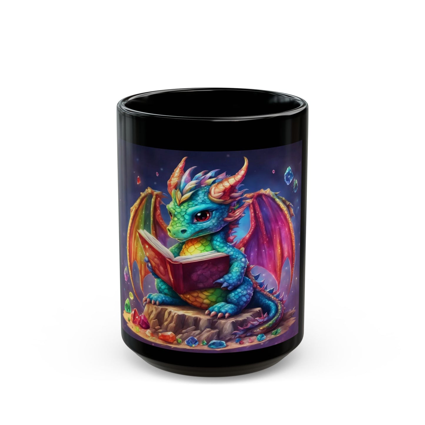 Black mug with a colorful dragon design on a white background