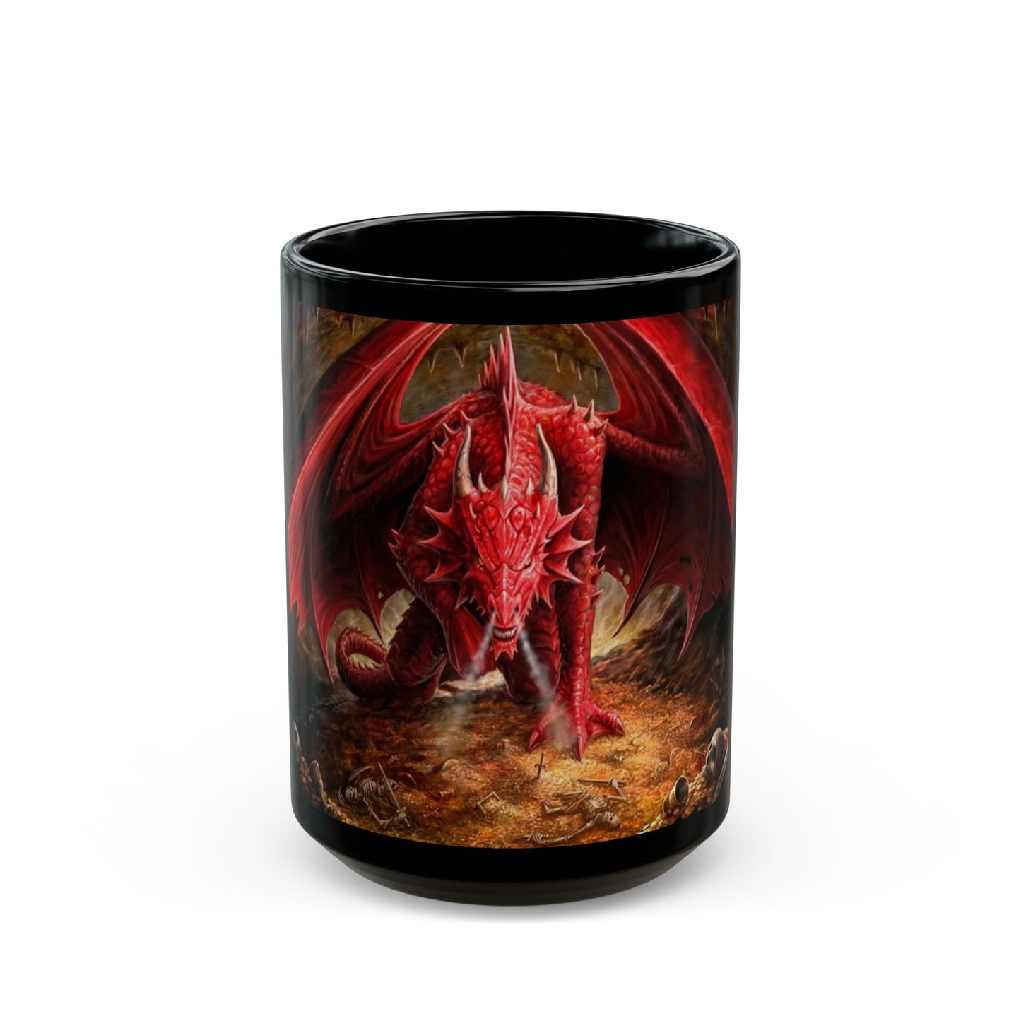 Black mug with a red dragon design on a white background