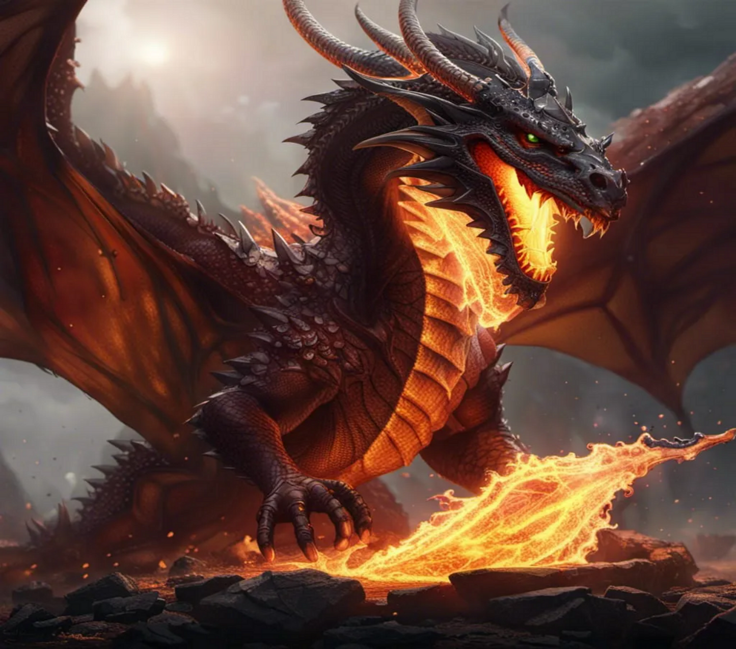 Dragon breathing fire against a dark, misty background