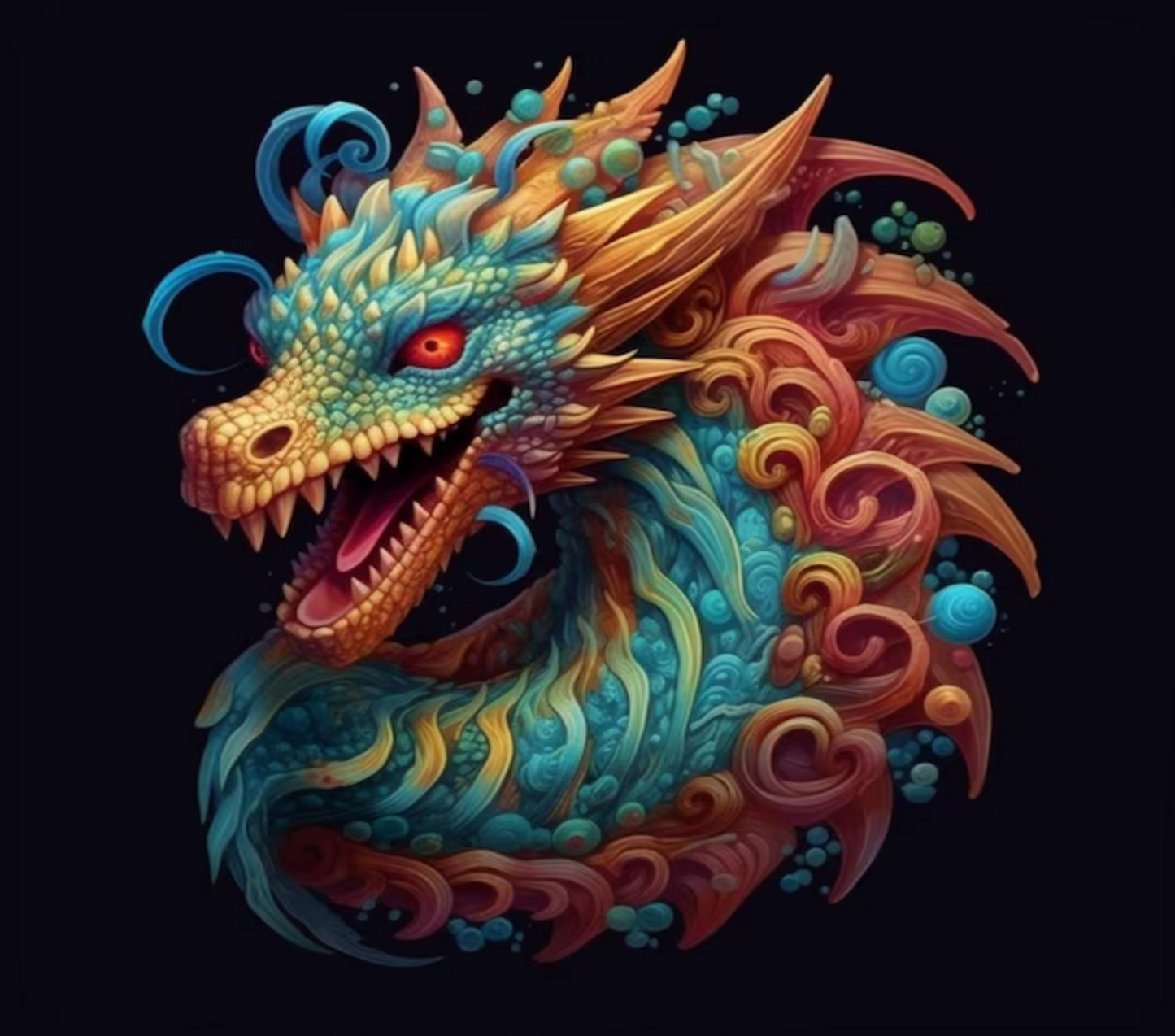 Colorful dragon illustration on a black background