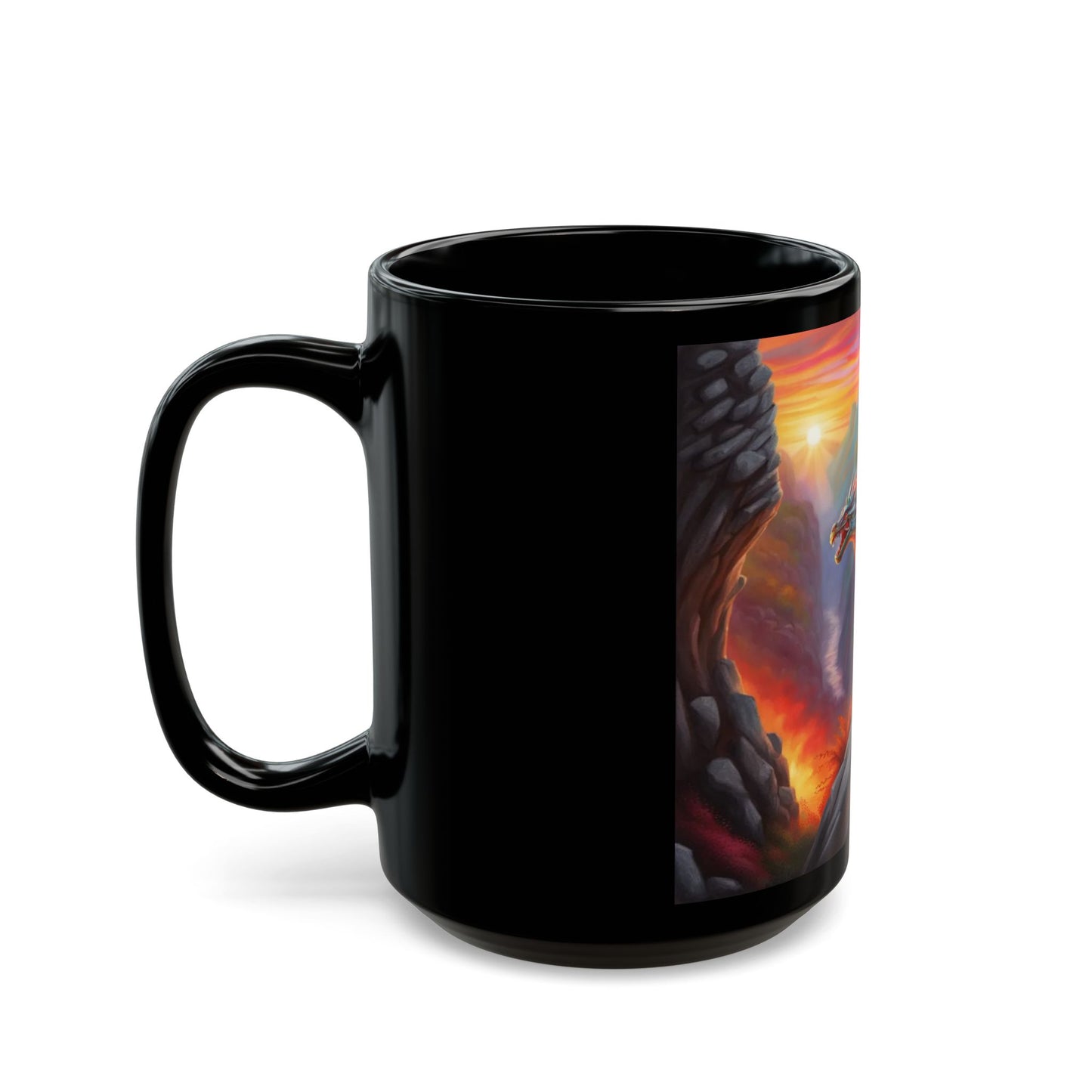 Black mug with a colorful design of a person holding a flag against a sunset sky.