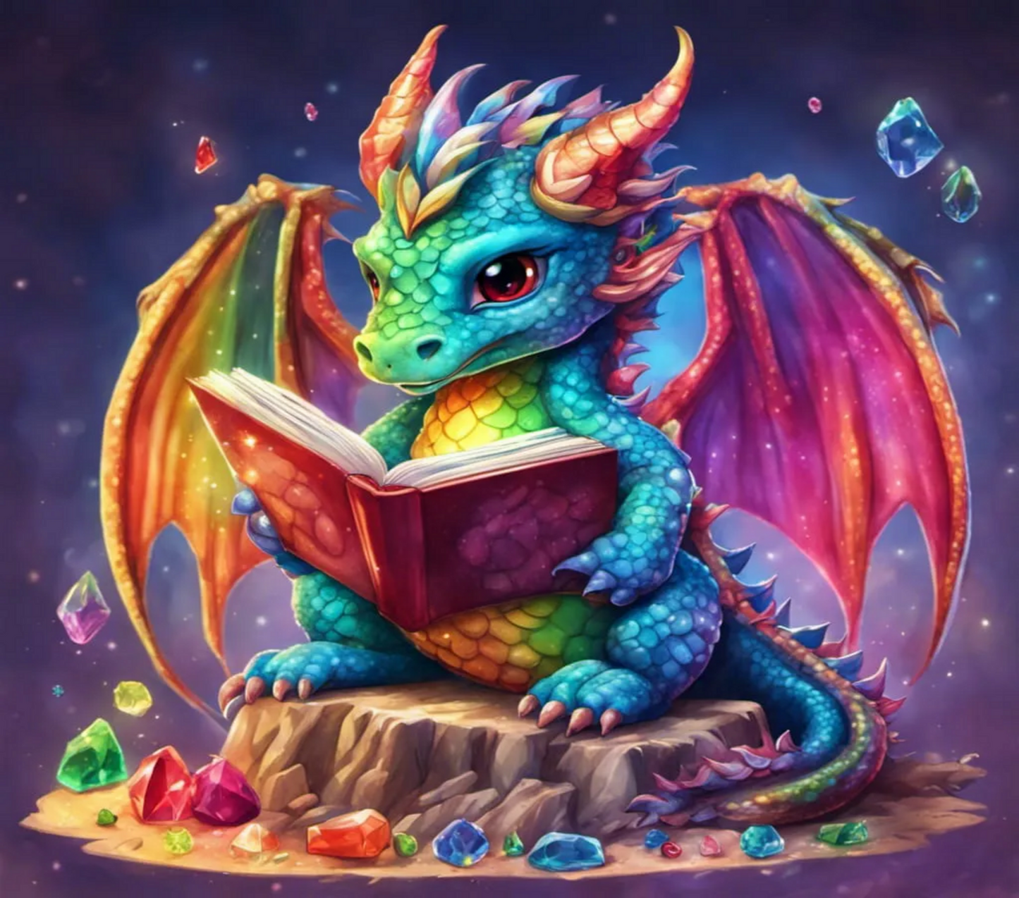 Colorful dragon reading a book with a magical background