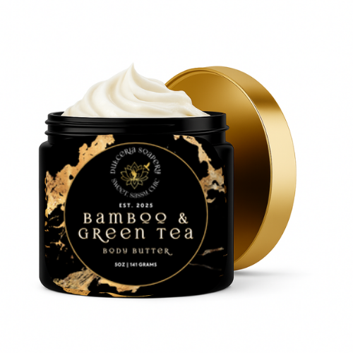 Jar of Bamboo & Green Tea body butter with a gold lid on a white background
