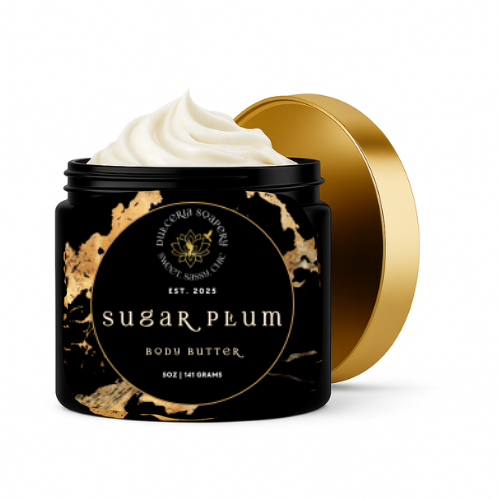 Jar of Sugar Plum body butter with a gold lid on a white background