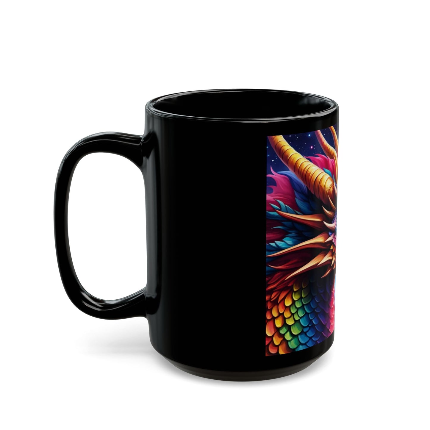 Black mug with a colorful dragon design on a white background