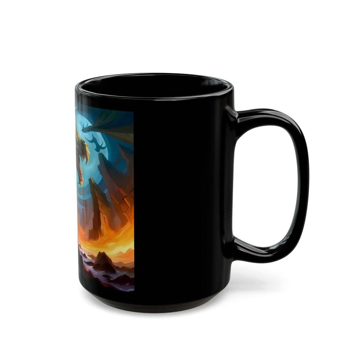 Black mug with a colorful dragon design on a white background