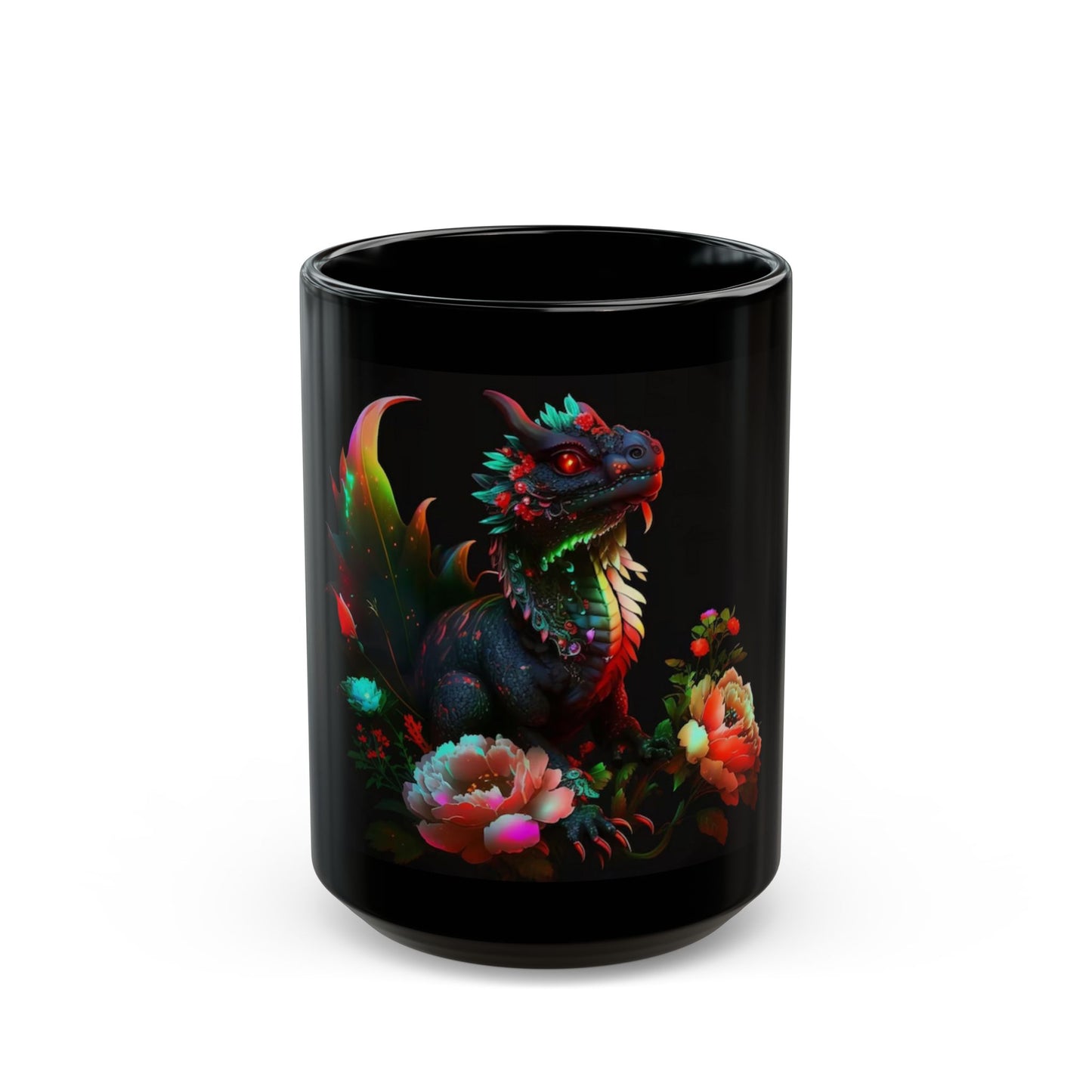 Black mug with a colorful dragon design on a white background