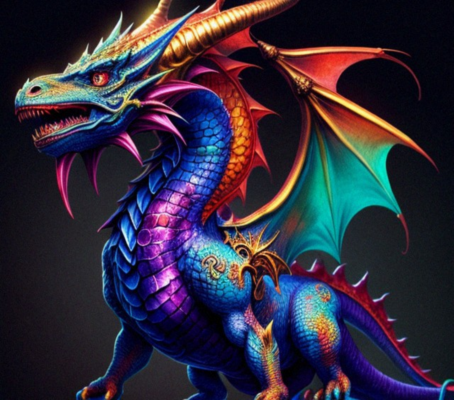 Colorful dragon illustration on a dark background