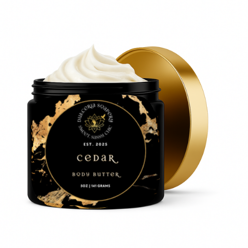 Jar of Cedar body butter with a gold lid on a white background