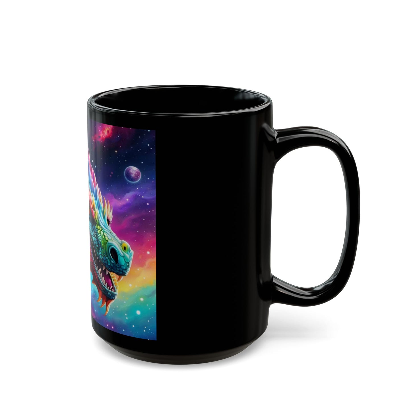 Black mug with a colorful dragon design on a white background