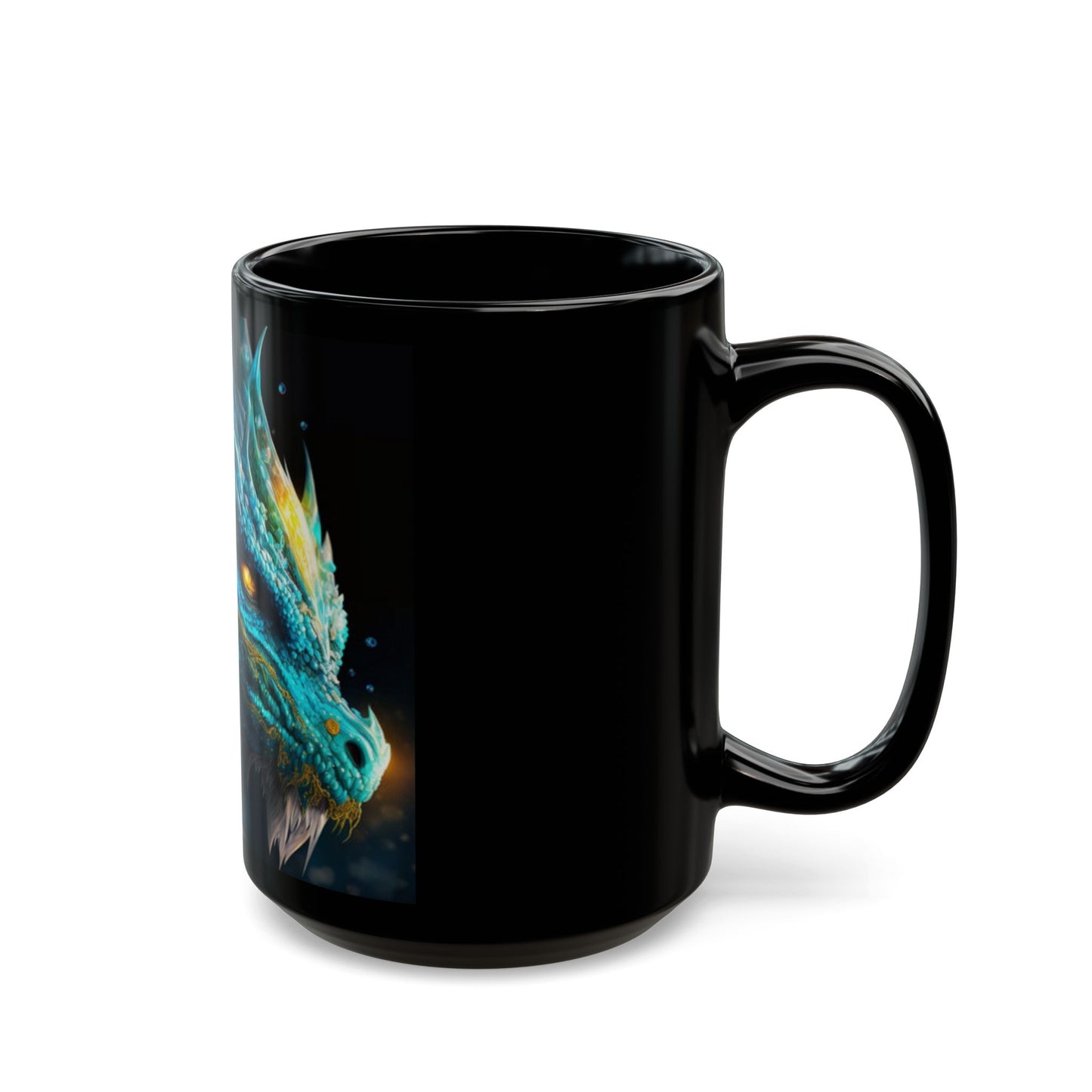 Black mug with a colorful butterfly design on a white background