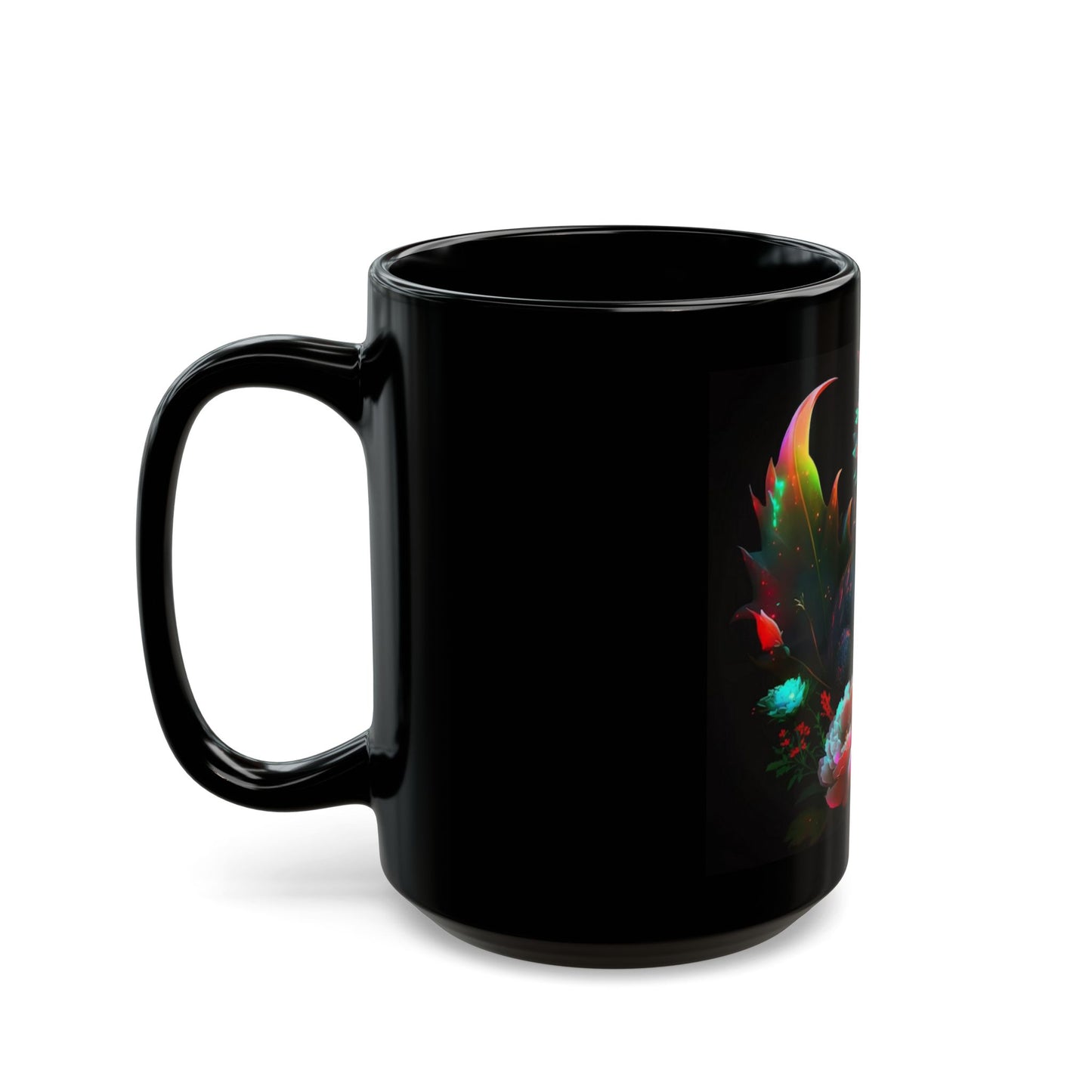 Black mug with a colorful dragon design on a white background