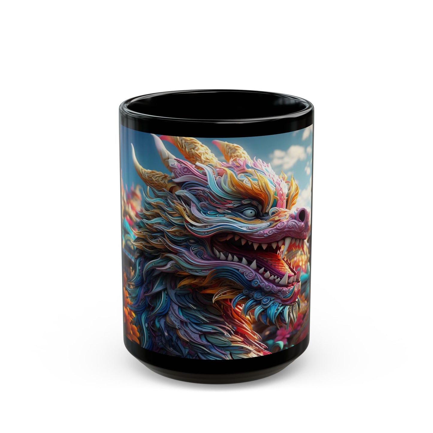 Black mug with a colorful dragon design on a white background