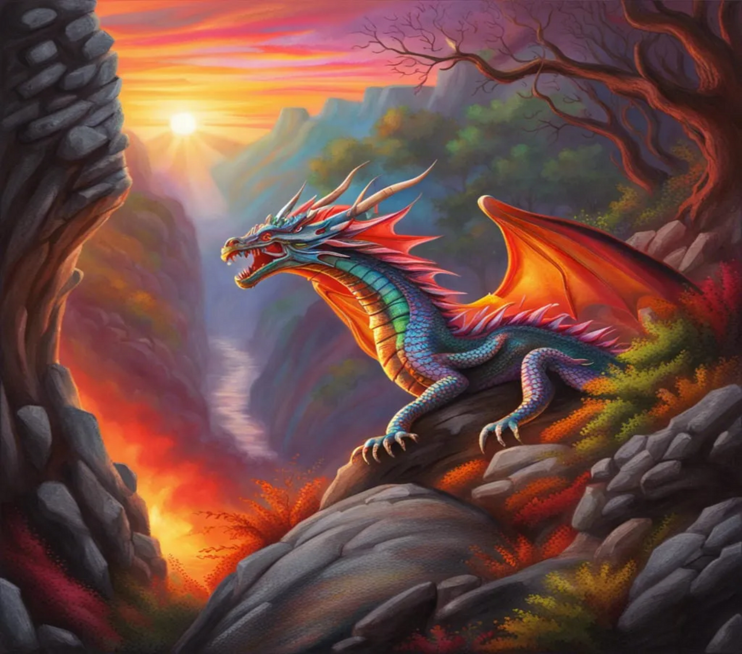 Colorful dragon perched on a rocky outcrop with a vibrant sunset in the background