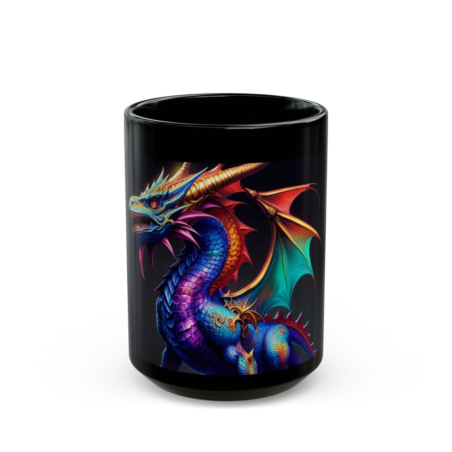 Black mug with a colorful dragon design on a white background