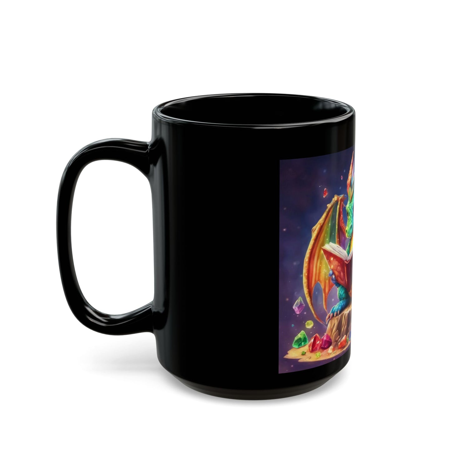 Black mug with a colorful dragon design on a white background