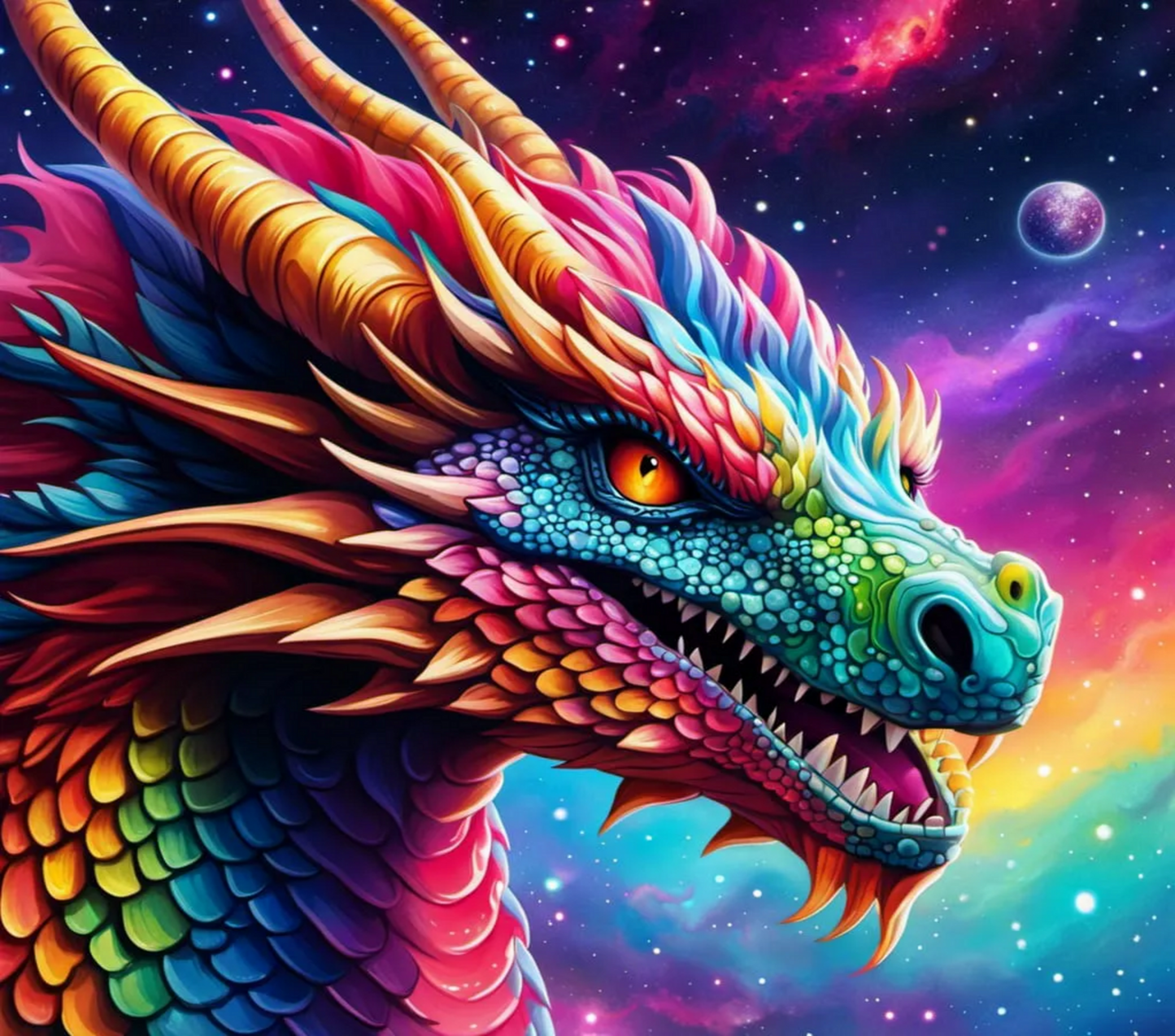 Colorful dragon illustration against a cosmic background