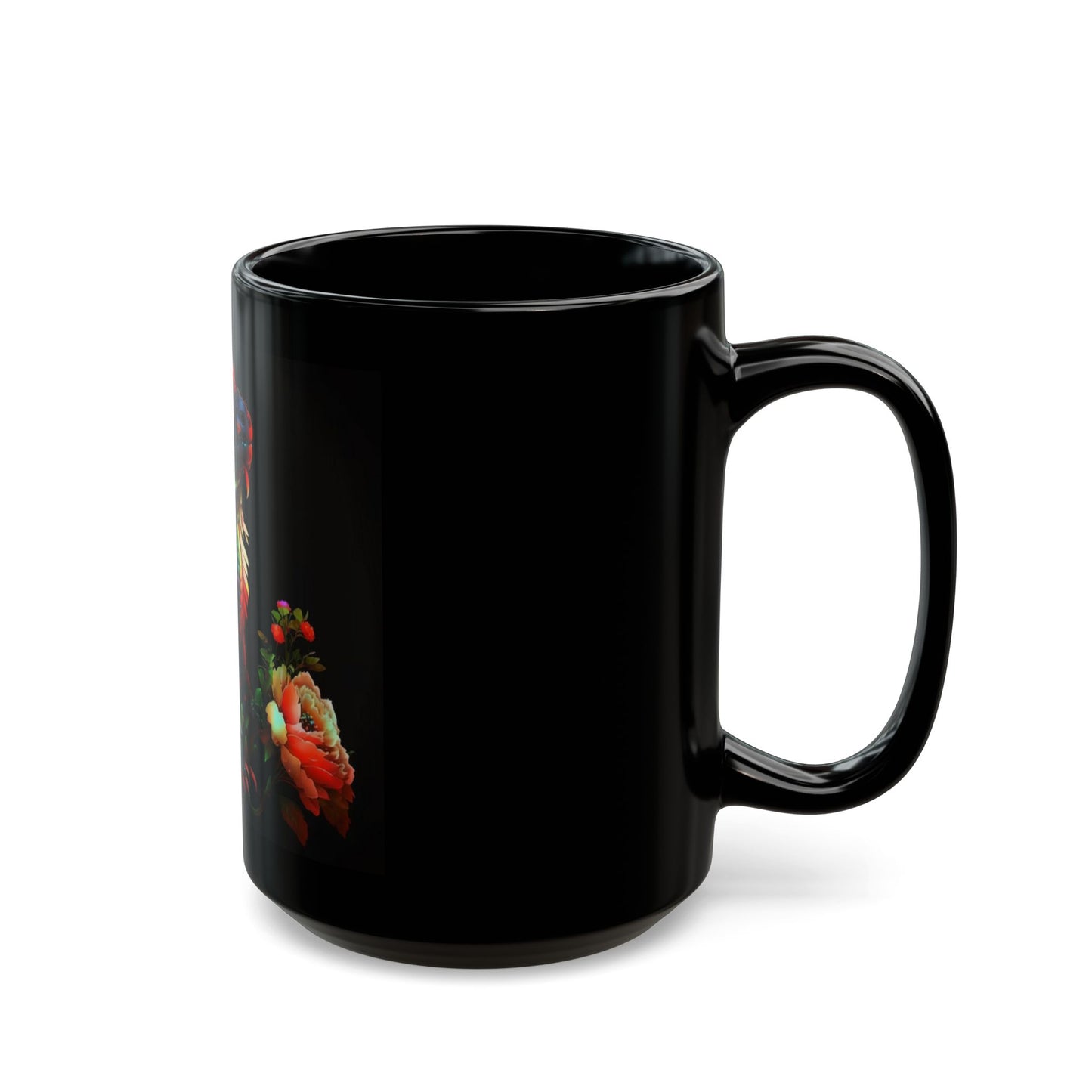 Black mug with floral design on a white background