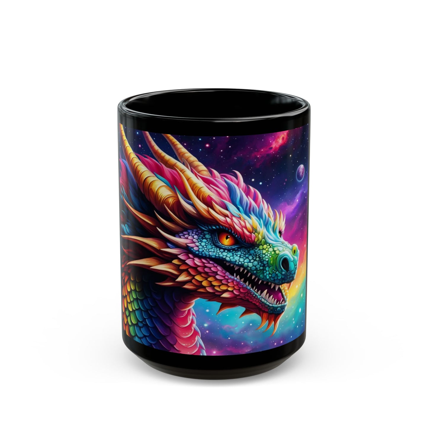 Mug with a colorful dragon design on a white background