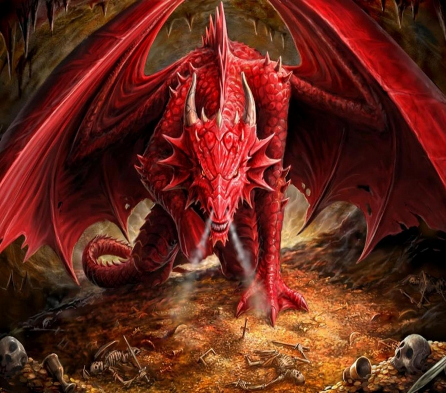 Red dragon in a fantasy setting with bones and a dark background