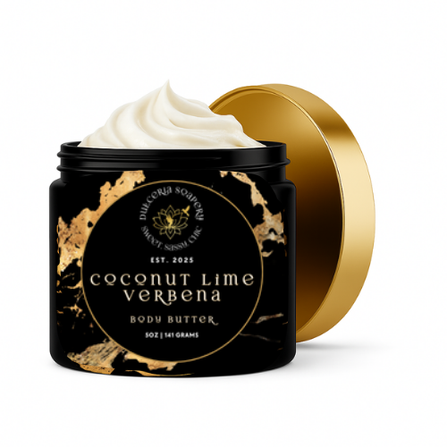 Coconut Lime Verbena body butter jar with gold lid on a white background